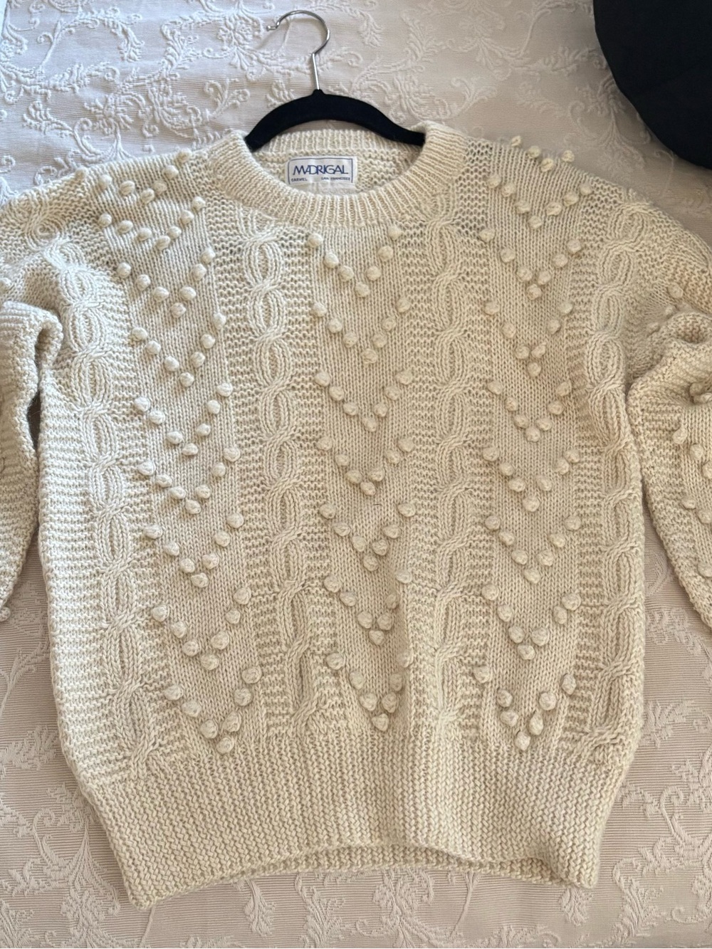 Cream Madrigal Cable Crewneck Women’s Sweater. Hand knit in Peru of 100% Alpaca